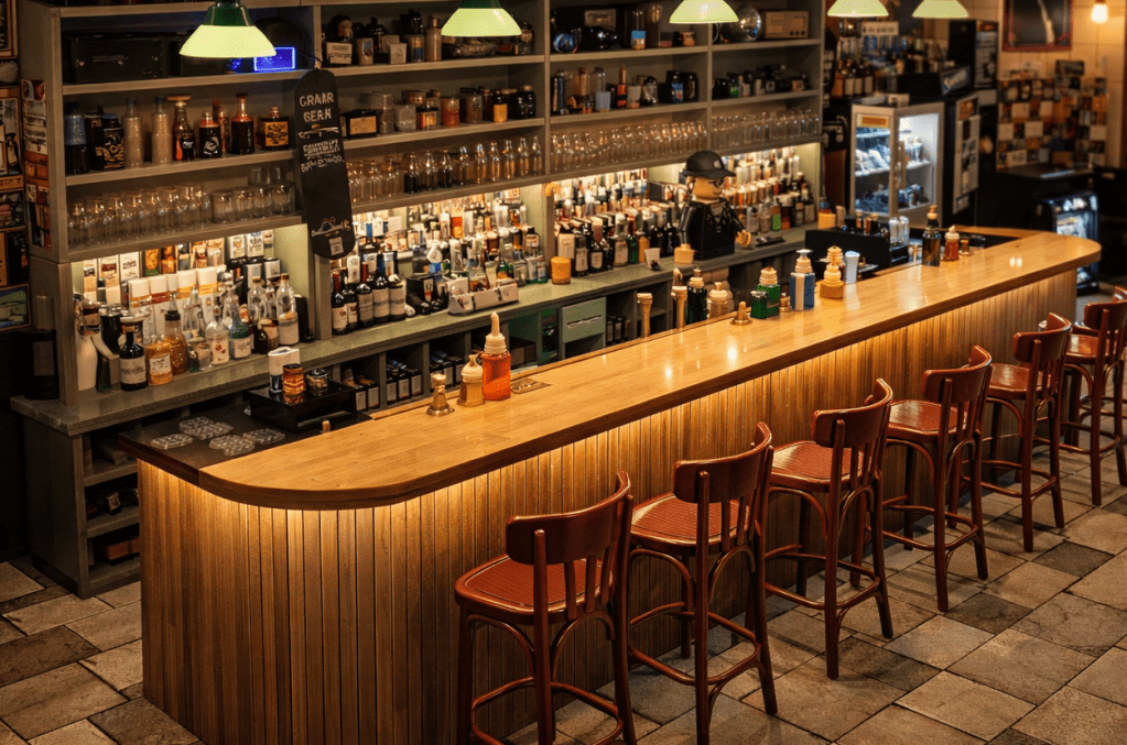 Bild på baren i Bar Kassett i Lego stil.